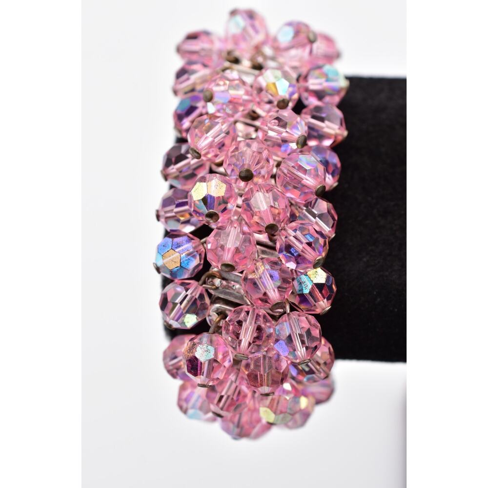 Bergere Japan Vintage Pink AB Crystal Cluster Expansion Bracelet Signed BinBR